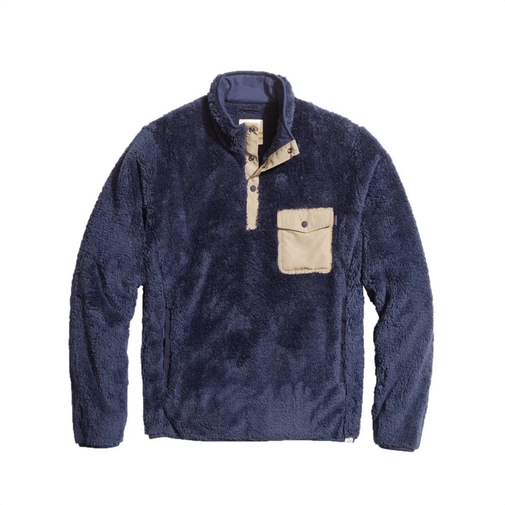 Marine Layer Re-Spun Blue Fleece Sherpa Corbet Pullover, Extra Large